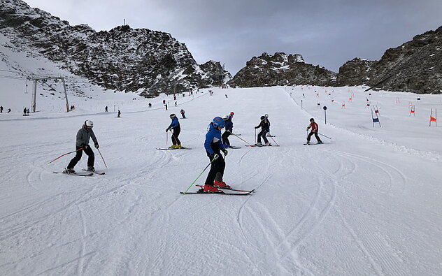 Athletinnen und Athleten üben fleissig an den skispezifischen Bewegungsabläufen Athletinnen und Athleten üben fleissig an den skispezifischen Bewegungsabläufen