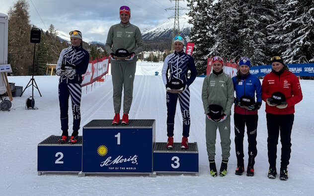 Dunja Walker (SC Unterschächen, ganz rechts) durfte auf Grund des 6. Schlussrangs im Sprintwettkampf der Kategorie Frauen U20 an der Rangverkündigung teilnehmen (Bild Tino Walker) Dunja Walker (SC Unterschächen, ganz rechts) durfte auf Grund des 6. Schlussrangs im Sprintwettkampf der Kategorie Frauen U20 an der Rangverkündigung teilnehmen (Bild Tino Walker)